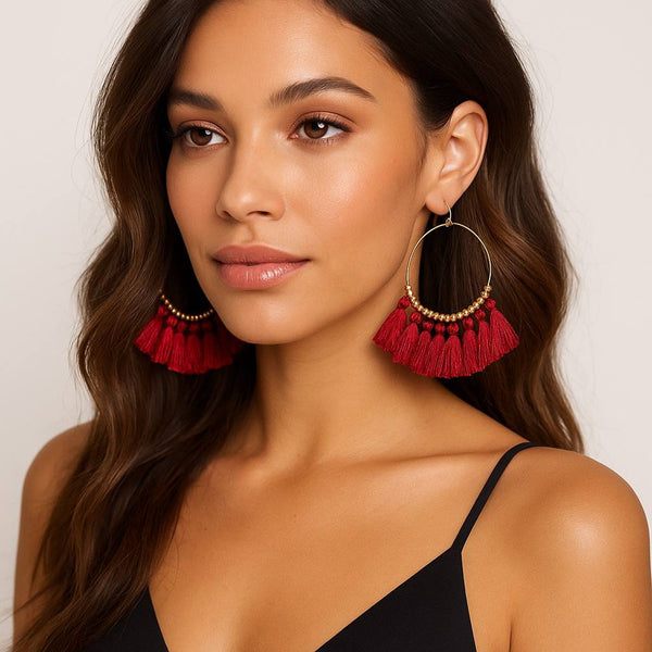 Red Tassel Goddess Hoops